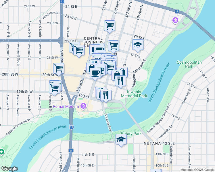 map of restaurants, bars, coffee shops, grocery stores, and more near 300 3 Avenue South in Saskatoon