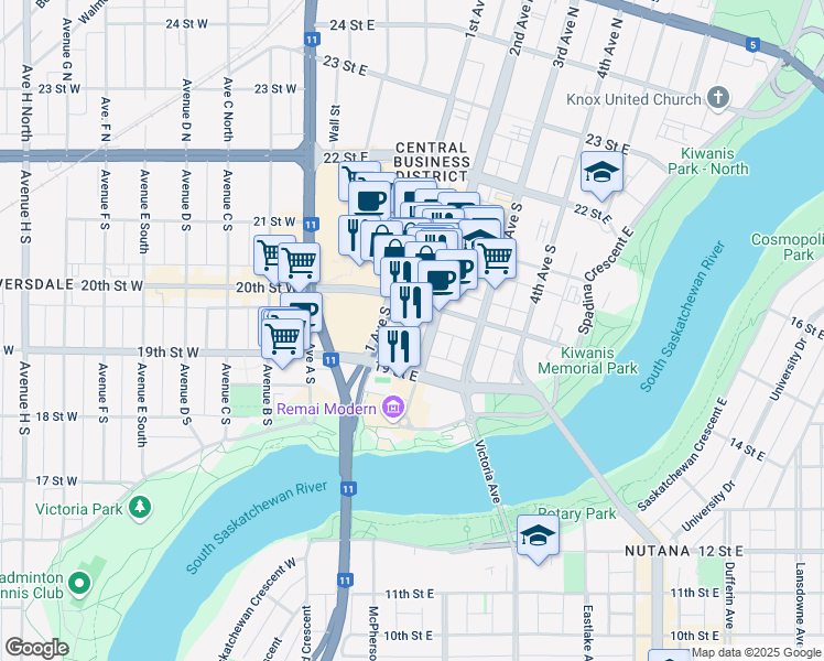 map of restaurants, bars, coffee shops, grocery stores, and more near 347 2 Avenue South in Saskatoon