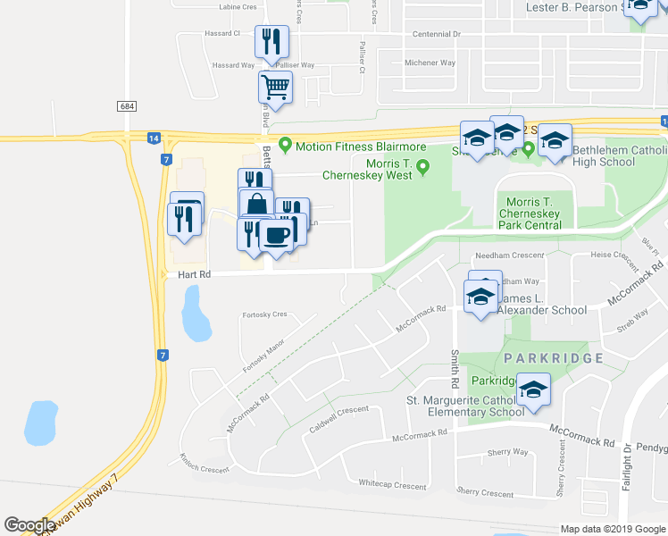 map of restaurants, bars, coffee shops, grocery stores, and more near 702 Hart Road in Saskatoon