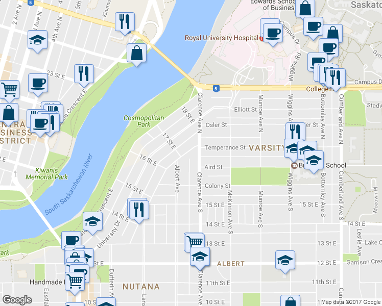 map of restaurants, bars, coffee shops, grocery stores, and more near 106 Clarence Avenue North in Saskatoon