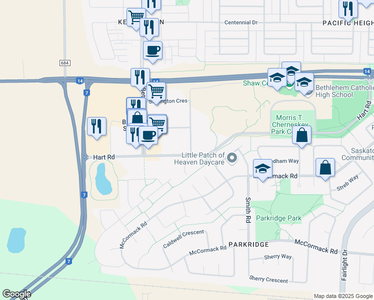 map of restaurants, bars, coffee shops, grocery stores, and more near 110 Shillington Crescent in Vanscoy