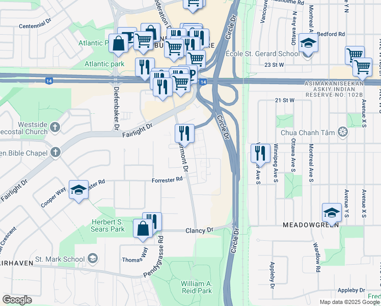 map of restaurants, bars, coffee shops, grocery stores, and more near 217 Fairmont Drive in Saskatoon