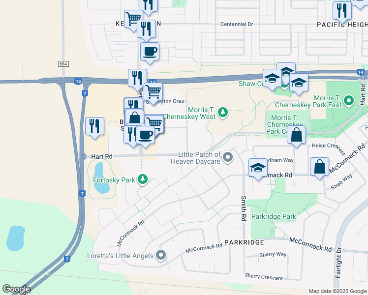 map of restaurants, bars, coffee shops, grocery stores, and more near 702 Hart Road in Saskatoon