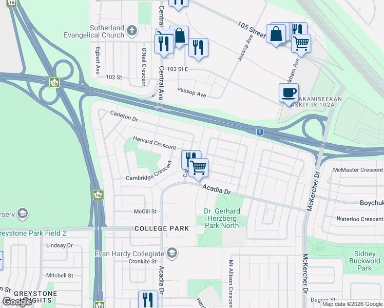 map of restaurants, bars, coffee shops, grocery stores, and more near 109 Dalhousie Crescent in Saskatoon