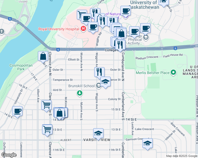 map of restaurants, bars, coffee shops, grocery stores, and more near 1320 Osler Street in Saskatoon