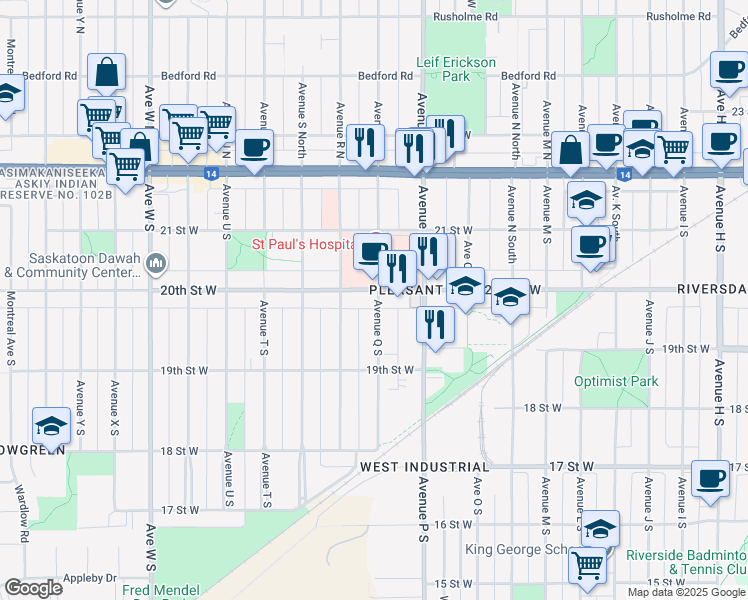 map of restaurants, bars, coffee shops, grocery stores, and more near 1701 20 Street West in Saskatoon