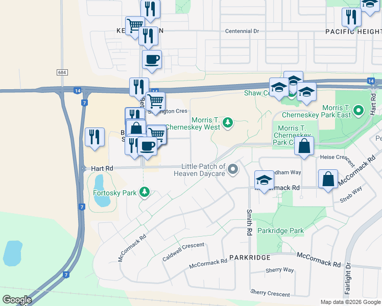 map of restaurants, bars, coffee shops, grocery stores, and more near 126 Shillington Crescent in Vanscoy