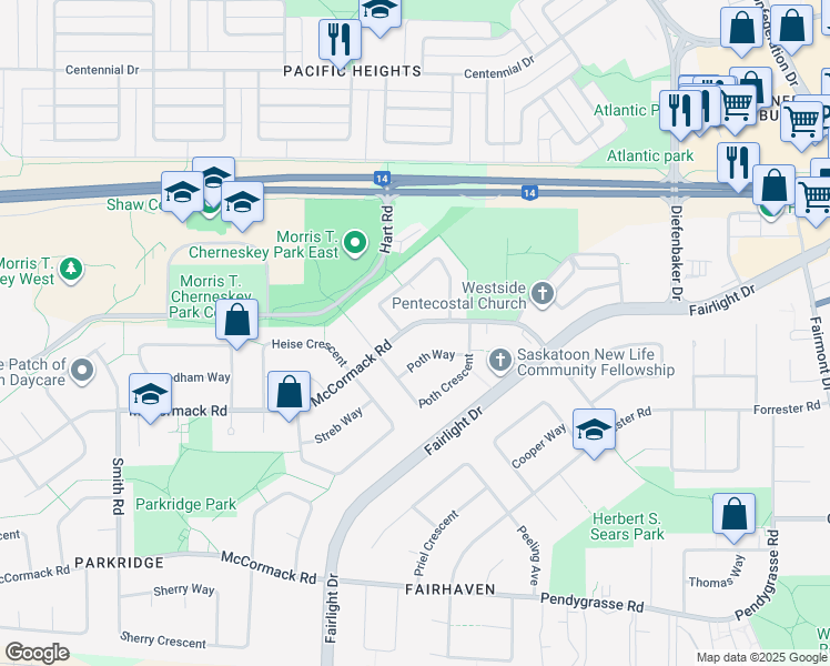 map of restaurants, bars, coffee shops, grocery stores, and more near 235 McCormack Road in Saskatoon