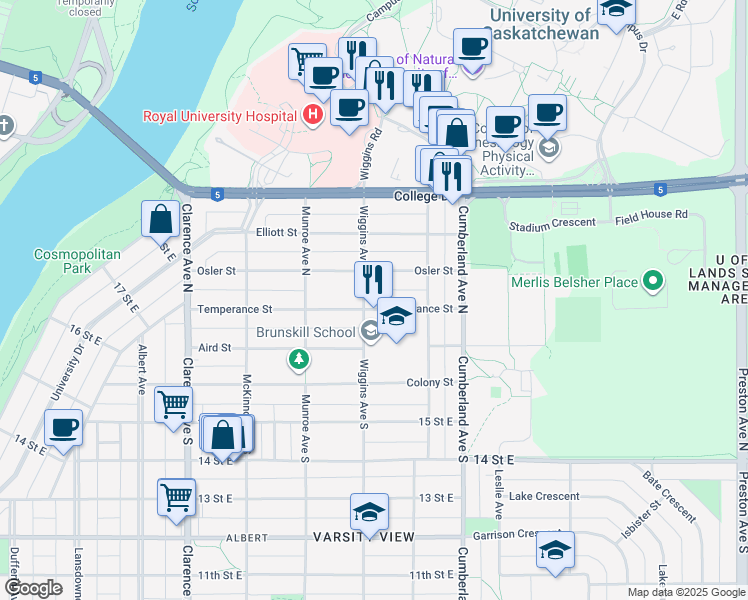 map of restaurants, bars, coffee shops, grocery stores, and more near 1311 Temperance Street in Saskatoon