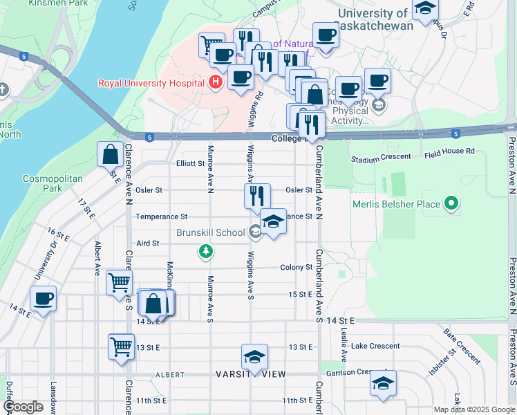 map of restaurants, bars, coffee shops, grocery stores, and more near 1311 Temperance Street in Saskatoon