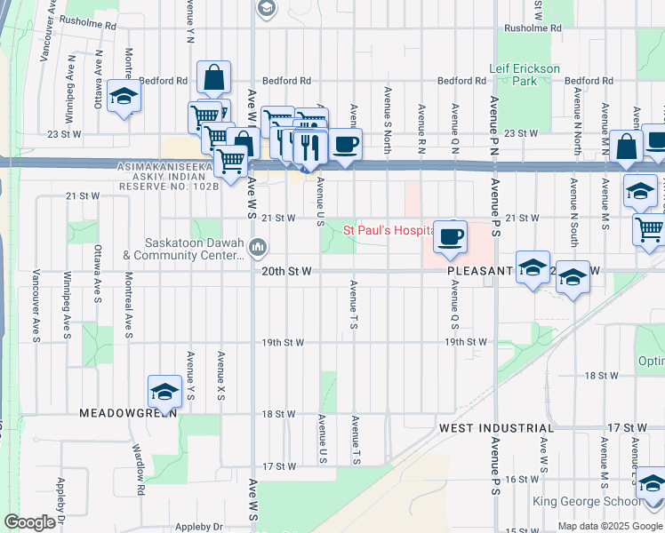 map of restaurants, bars, coffee shops, grocery stores, and more near 2014 20 Street West in Saskatoon