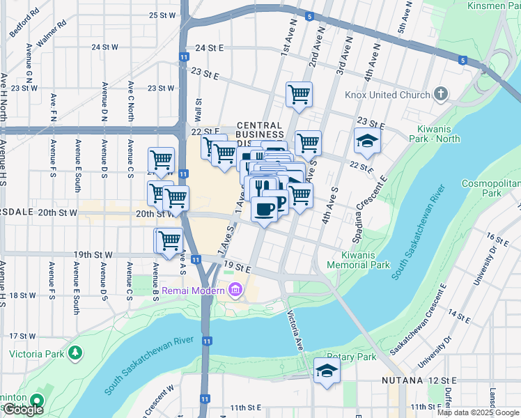 map of restaurants, bars, coffee shops, grocery stores, and more near 243 2 Avenue South in Saskatoon