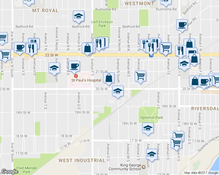 map of restaurants, bars, coffee shops, grocery stores, and more near 1420 20th Street West in Saskatoon