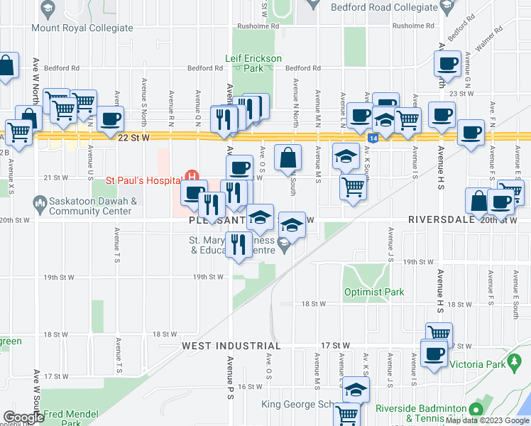map of restaurants, bars, coffee shops, grocery stores, and more near 1420 20th Street West in Saskatoon