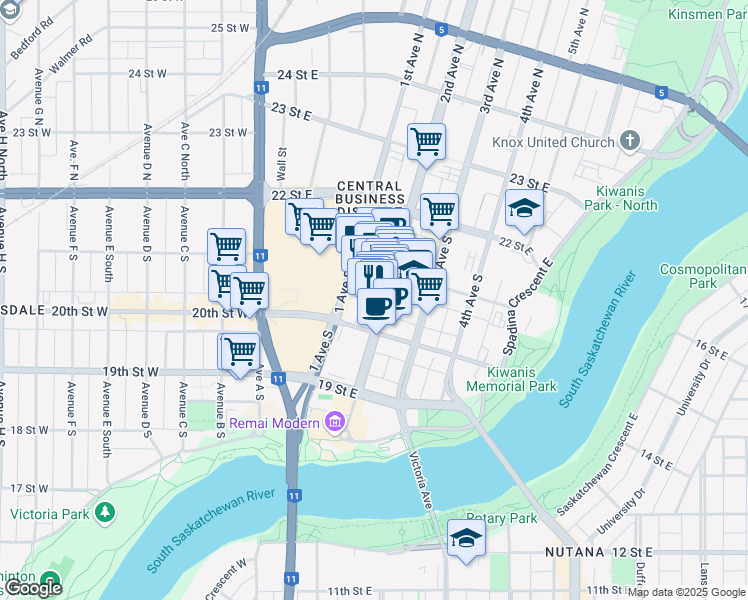 map of restaurants, bars, coffee shops, grocery stores, and more near 243 2 Avenue South in Saskatoon