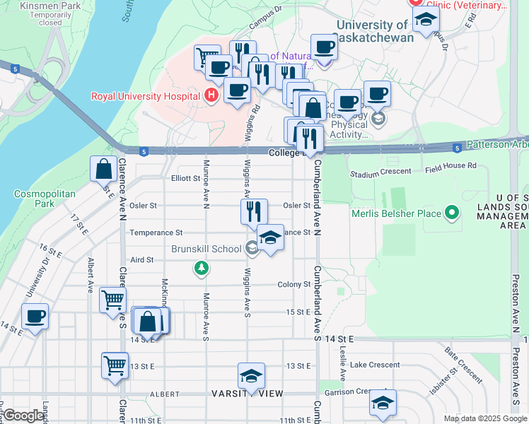 map of restaurants, bars, coffee shops, grocery stores, and more near 1320 Osler Street in Saskatoon