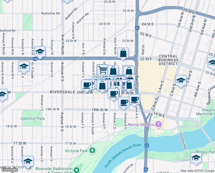 map of restaurants, bars, coffee shops, grocery stores, and more near 226 Avenue D South in Saskatoon