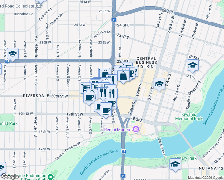 map of restaurants, bars, coffee shops, grocery stores, and more near 239 Idylwyld Drive South in Saskatoon