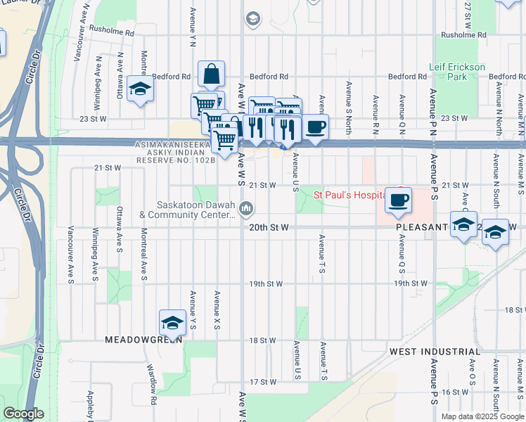 map of restaurants, bars, coffee shops, grocery stores, and more near 227 Avenue V South in Saskatoon