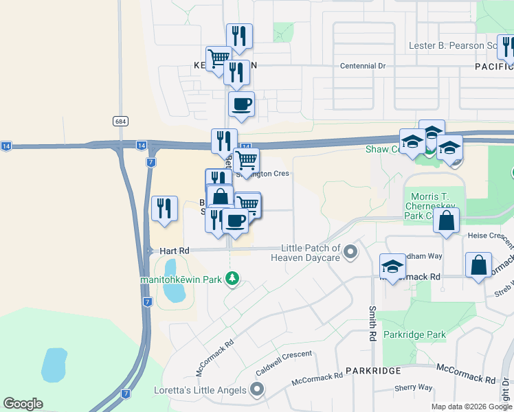 map of restaurants, bars, coffee shops, grocery stores, and more near 110 Molland Lane in Saskatoon