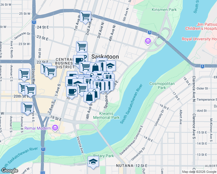 map of restaurants, bars, coffee shops, grocery stores, and more near 612 Spadina Crescent East in Saskatoon