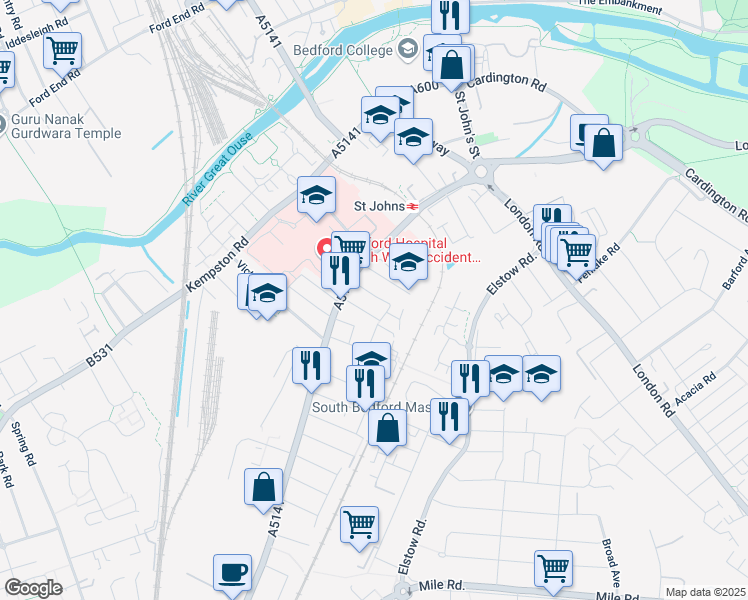 map of restaurants, bars, coffee shops, grocery stores, and more near Houghton Road in Bedford