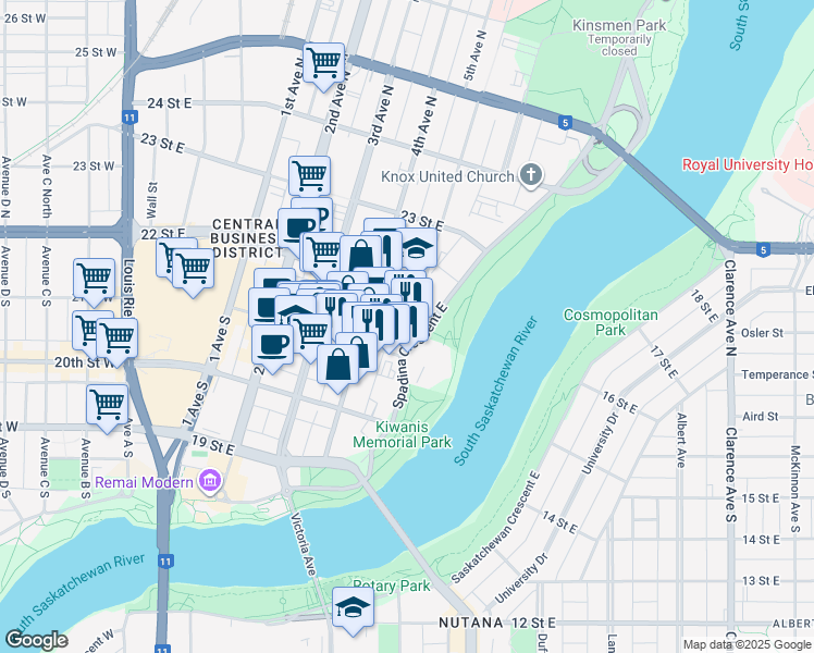 map of restaurants, bars, coffee shops, grocery stores, and more near 612 Spadina Crescent East in Saskatoon