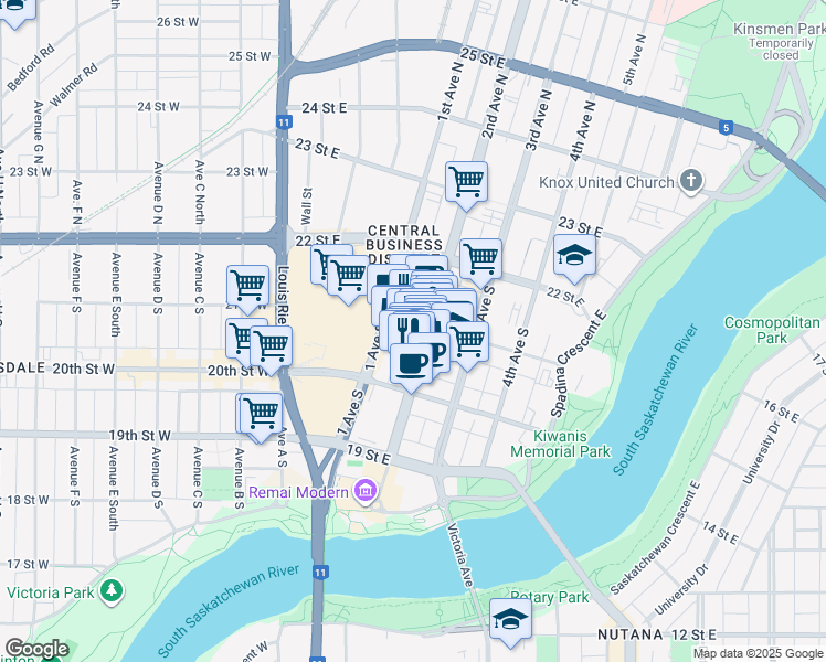 map of restaurants, bars, coffee shops, grocery stores, and more near 243 2 Avenue South in Saskatoon