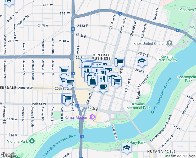 map of restaurants, bars, coffee shops, grocery stores, and more near 234 1 Avenue South in Saskatoon