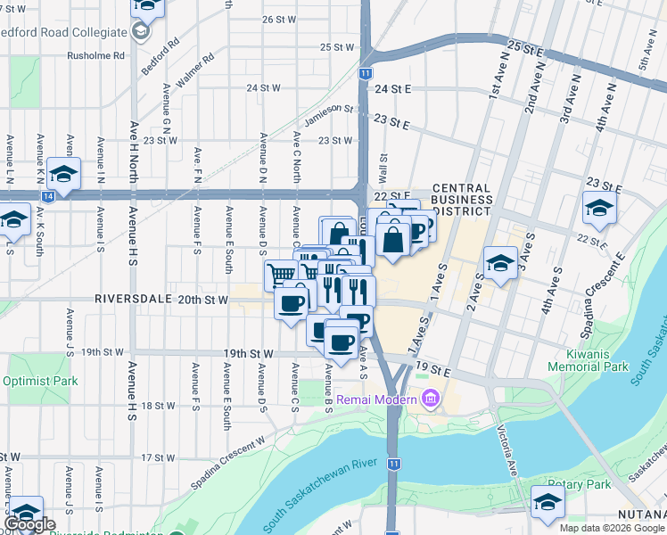 map of restaurants, bars, coffee shops, grocery stores, and more near 239 Idylwyld Drive South in Saskatoon