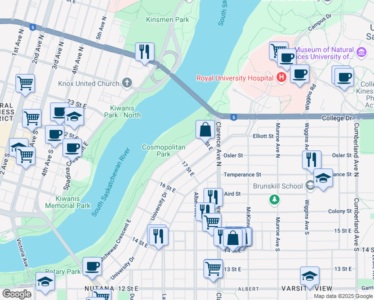 map of restaurants, bars, coffee shops, grocery stores, and more near 908 Saskatchewan Crescent East in Saskatoon
