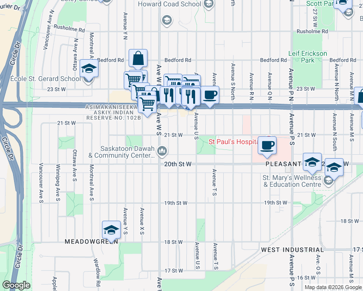 map of restaurants, bars, coffee shops, grocery stores, and more near 212 Avenue V South in Saskatoon