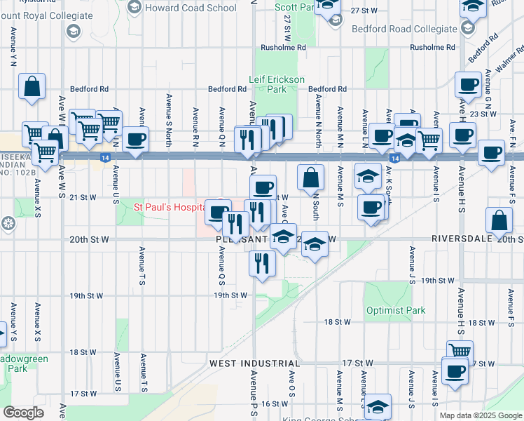 map of restaurants, bars, coffee shops, grocery stores, and more near 210 Avenue P South in Saskatoon