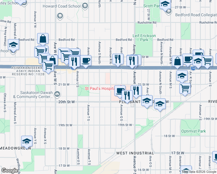 map of restaurants, bars, coffee shops, grocery stores, and more near 205 Avenue R South in Saskatoon