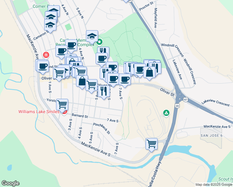map of restaurants, bars, coffee shops, grocery stores, and more near 665 Oliver Street in Williams Lake