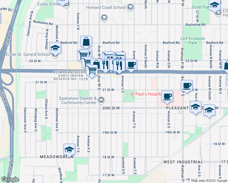 map of restaurants, bars, coffee shops, grocery stores, and more near 202 Avenue V South in Saskatoon