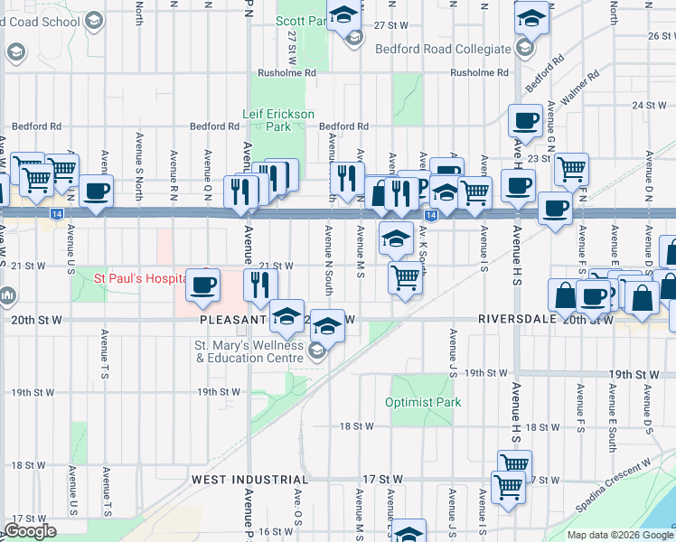 map of restaurants, bars, coffee shops, grocery stores, and more near 202 Avenue N South in Saskatoon