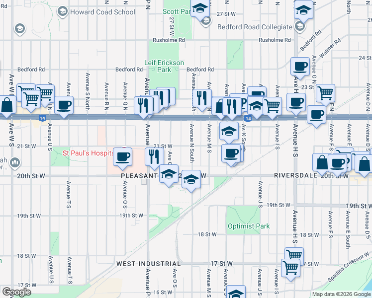 map of restaurants, bars, coffee shops, grocery stores, and more near in Saskatoon