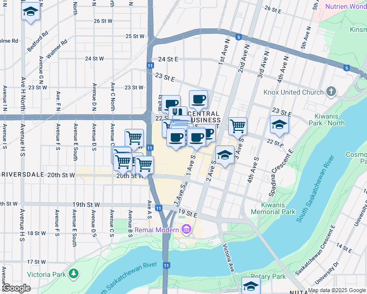 map of restaurants, bars, coffee shops, grocery stores, and more near 35 22 Street East in Saskatoon