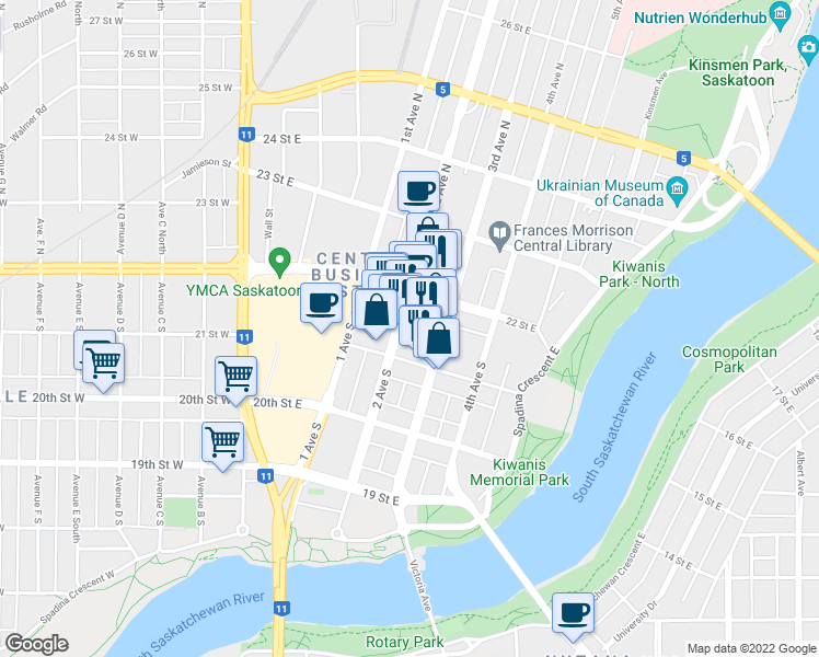map of restaurants, bars, coffee shops, grocery stores, and more near 144 2 Avenue South in Saskatoon