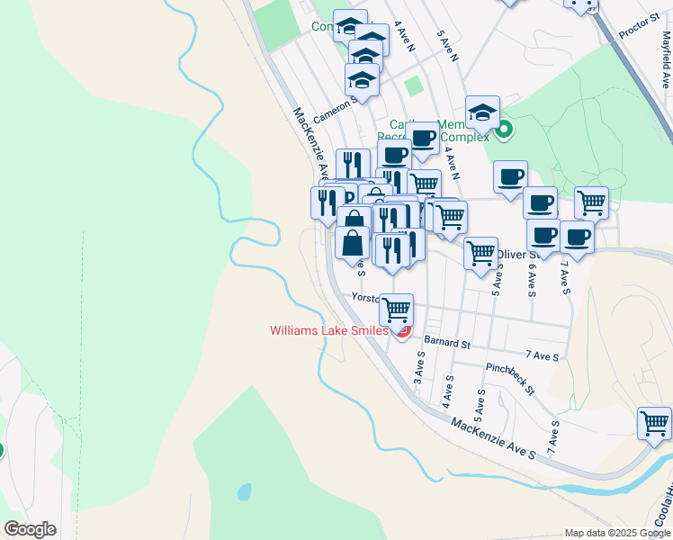map of restaurants, bars, coffee shops, grocery stores, and more near 88 Mackenzie Avenue South in Williams Lake