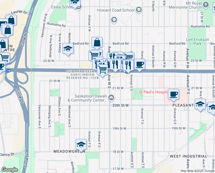 map of restaurants, bars, coffee shops, grocery stores, and more near 135 Avenue W South in Saskatoon