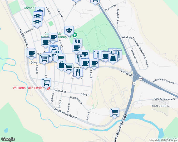 map of restaurants, bars, coffee shops, grocery stores, and more near 665 Oliver Street in Williams Lake