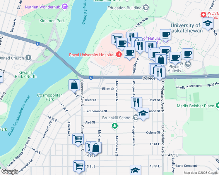 map of restaurants, bars, coffee shops, grocery stores, and more near 1125 Elliott Street in Saskatoon