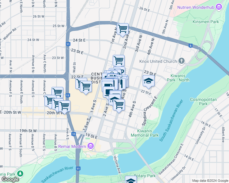 map of restaurants, bars, coffee shops, grocery stores, and more near 140 2 Avenue South in Saskatoon