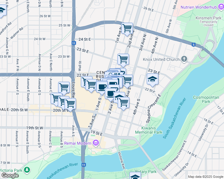 map of restaurants, bars, coffee shops, grocery stores, and more near 157 2 Avenue South in Saskatoon