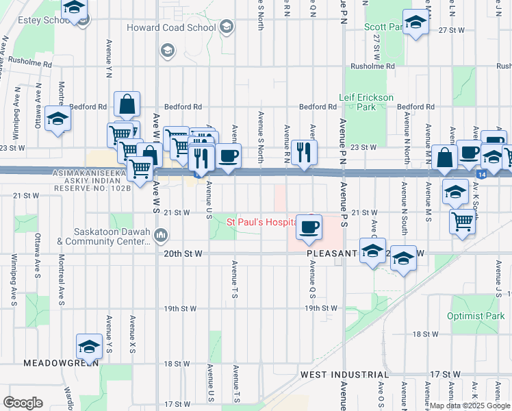 map of restaurants, bars, coffee shops, grocery stores, and more near 139 Avenue S South in Saskatoon