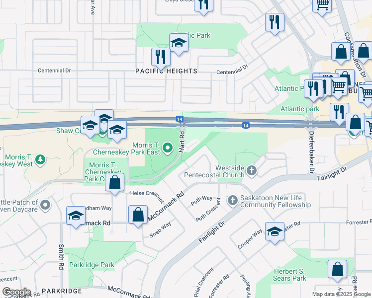 map of restaurants, bars, coffee shops, grocery stores, and more near 107 Hart Road in Saskatoon