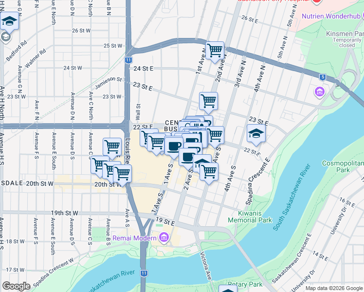 map of restaurants, bars, coffee shops, grocery stores, and more near 157 2 Avenue South in Saskatoon