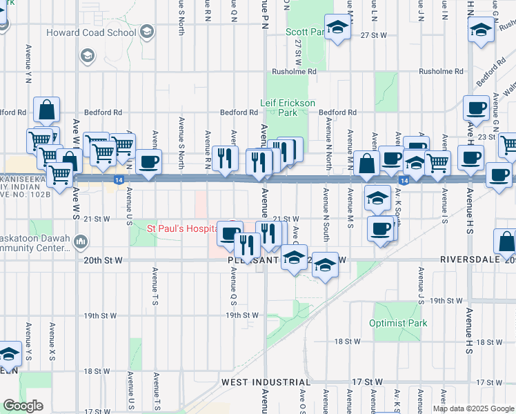 map of restaurants, bars, coffee shops, grocery stores, and more near 131 Avenue P South in Saskatoon